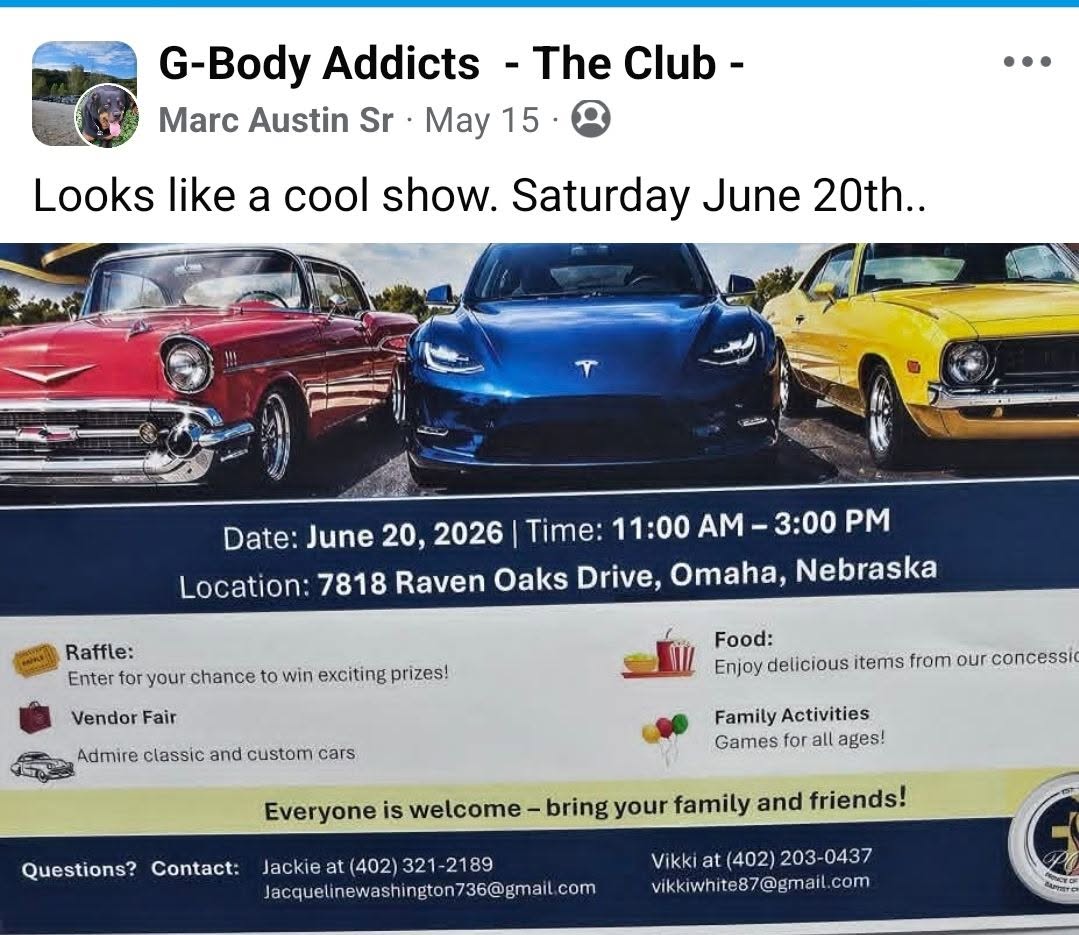 G-Body Addicts - the Club Car Show event at 7818 Raven Oaks Drive in Omaha, NE on June 20, 2026