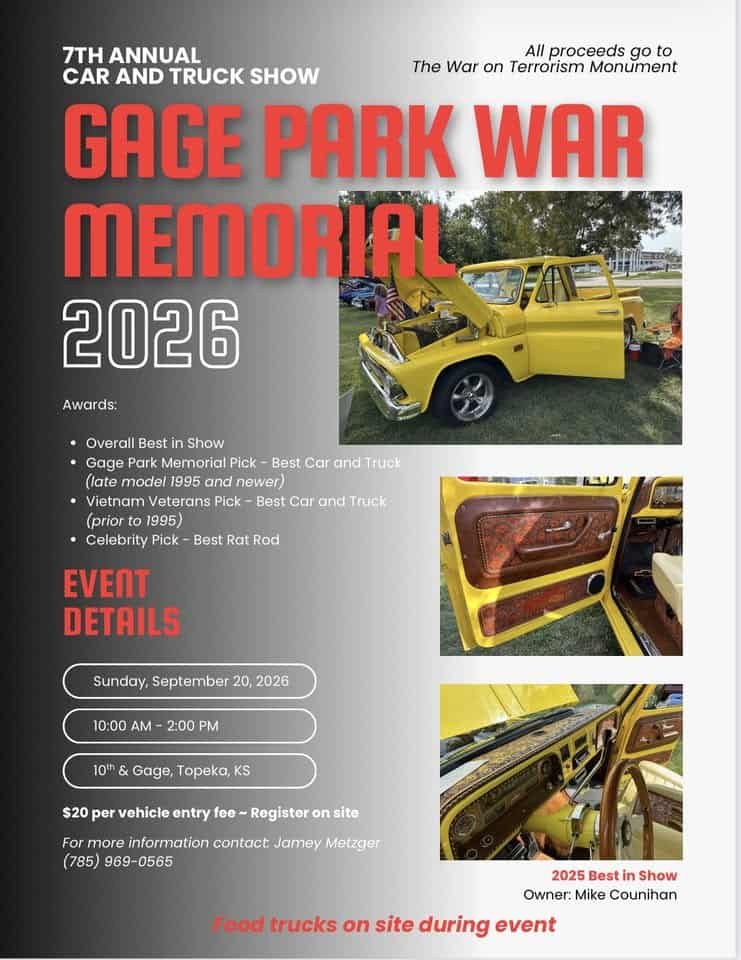 Gage Park War Memorial Car Show event at 10th & Gage in Topeka, KS on September 20, 2026