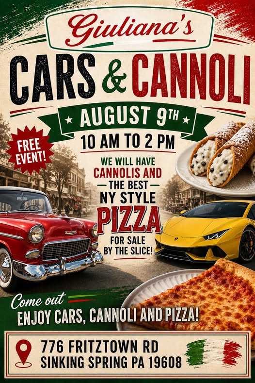 Giuliana's Cars & Cannoli event at 776 Fritztown Rd in Sinking Spring, PA on August 9, 2026