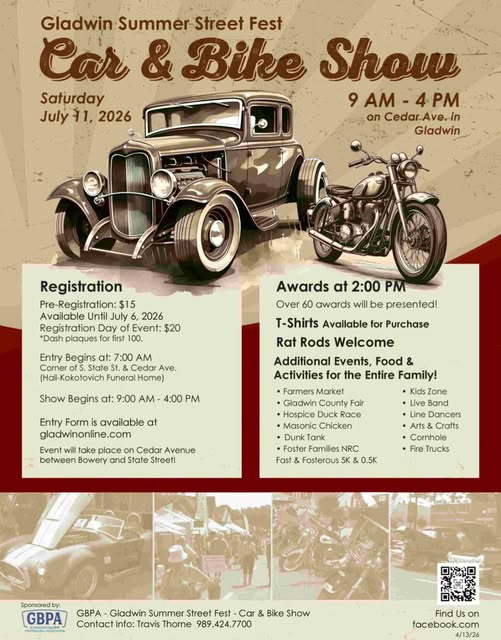 Gladwin Summer Street Fest Car & Bike Show event at Cedar Ave. in Gladwin in Gladwin, MI on July 11, 2026