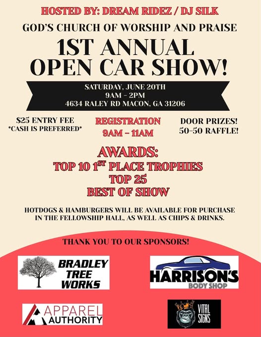 God's Church of Worship and Praise 1st Annual Open Car Show event at God's Church of Worship and Praise in Macon, GA on June 20, 2026