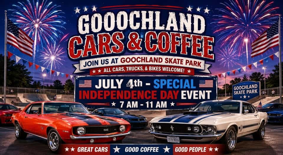 Goochland Cars & Coffee event at Goochland Skate Park in Goochland, VA on July 4, 2026