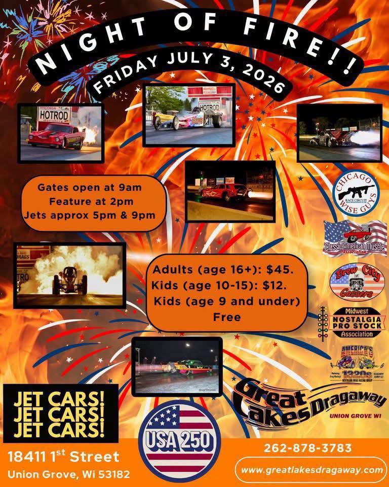 Great Lakes Dragaway Night of Fire event at Great Lakes Dragaway in Union Grove, WI on July 3, 2026
