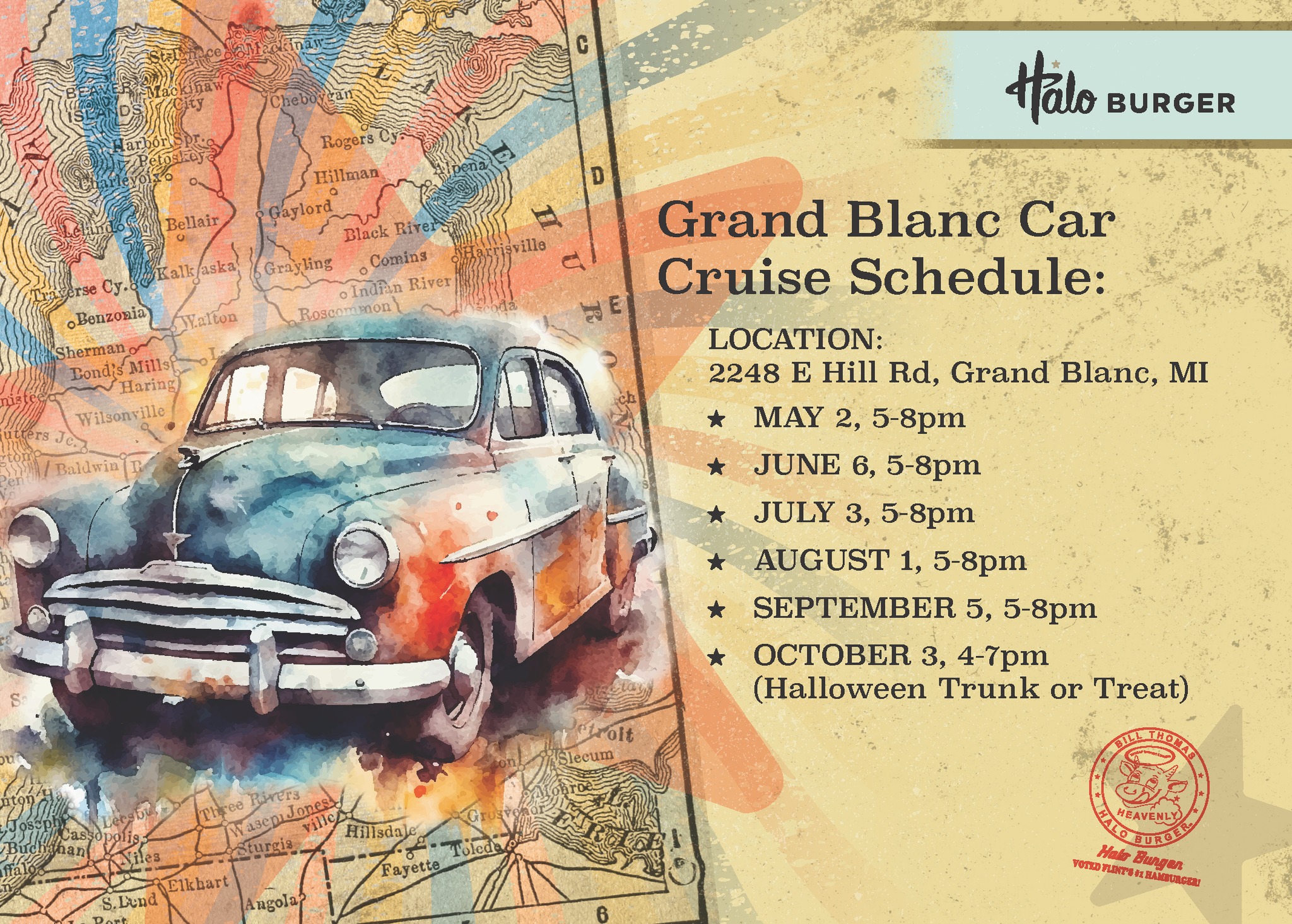 Halo Burger Grand Blanc Car Cruise Schedule event at 2248 E Hill Rd in Grand Blanc, MI on May 2, 2026