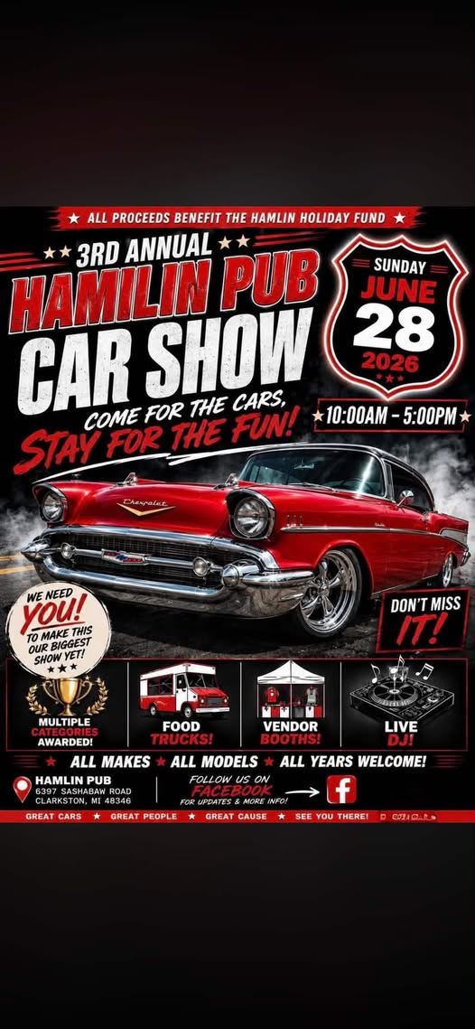 Hamlin Pub 3rd Annual Car Show event at Hamlin Pub in Clarkston, MI on June 28, 2026