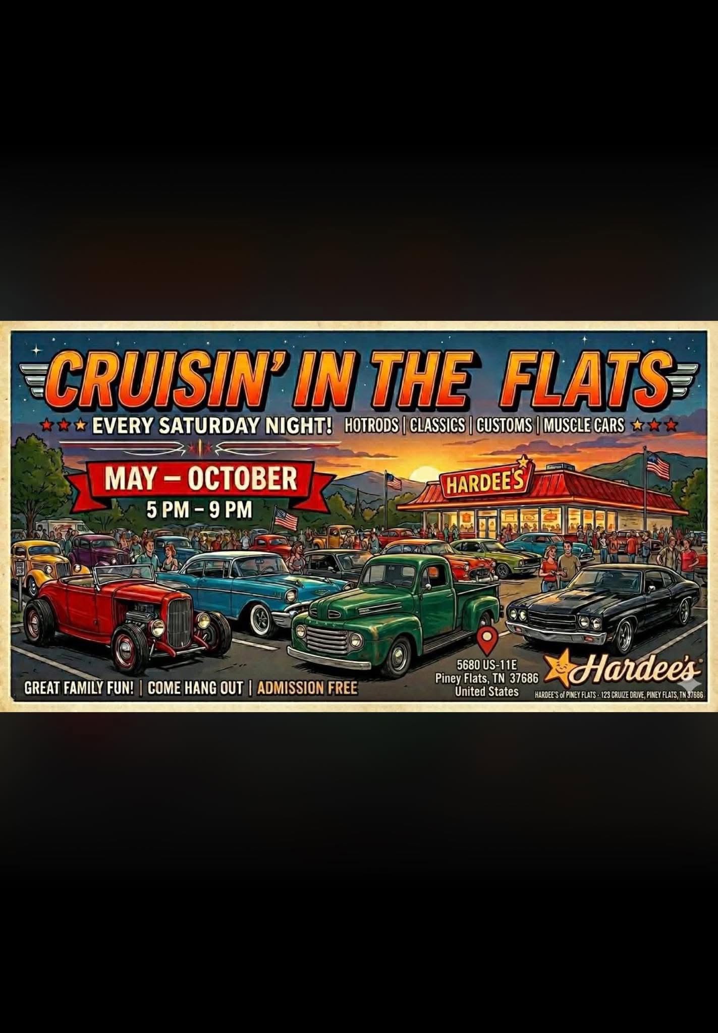 Hardee's Cruisin' in the Flats event at Hardee's in Piney Flats, TN on June 27, 2026