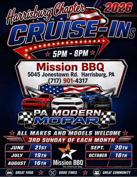 Harrisburg Chapter PA Modern Mopar Cruise-Ins event at Mission BBQ in Harrisburg, PA on July 20, 2026
