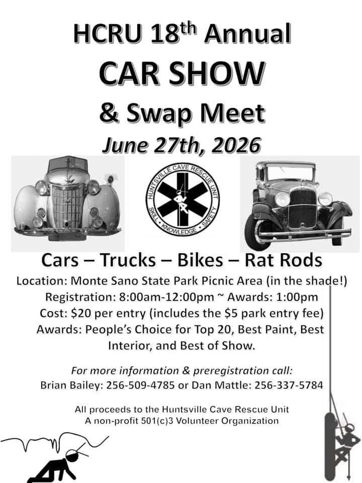 HCRU 18th Annual Car Show & Swap Meet event at Monte Sano State Park Picnic Area in Huntsville, AL on June 27, 2026