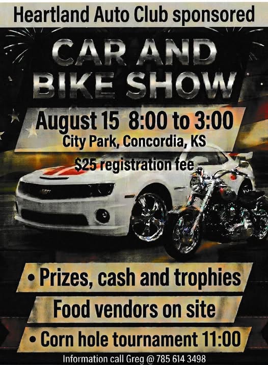 Heartland Auto Club Car and Bike Show event at City Park in Concordia, KS on August 15, 2026