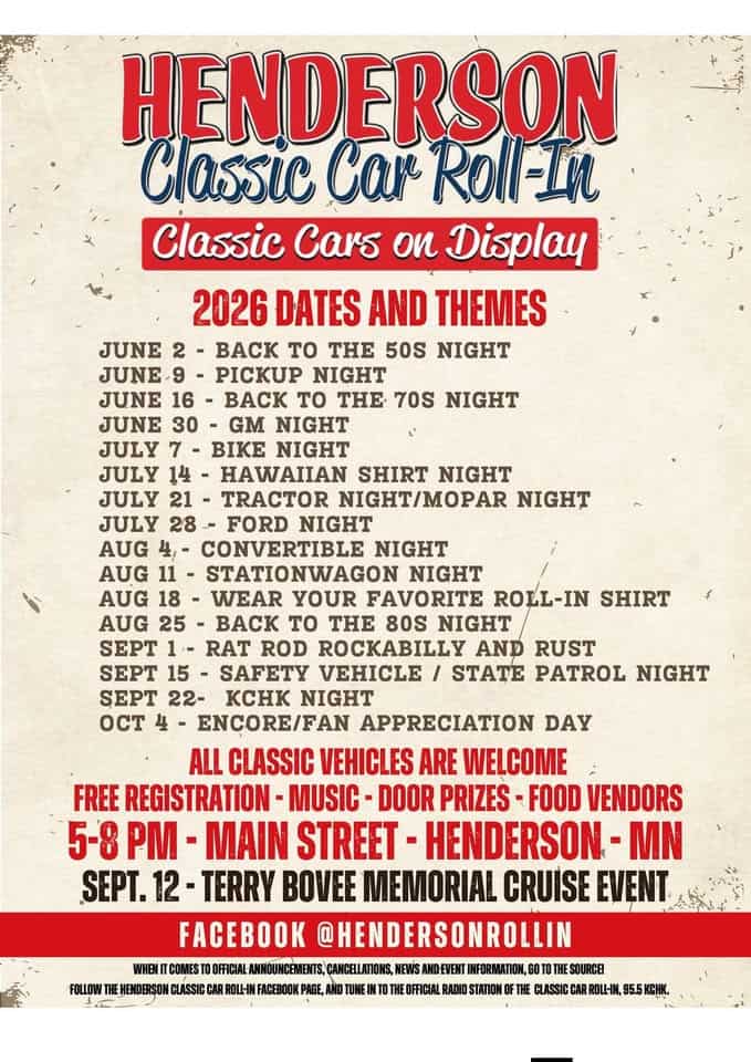 Henderson Classic Car Roll-In GM Night event at 511 Main St in Henderson, MN on June 30, 2026