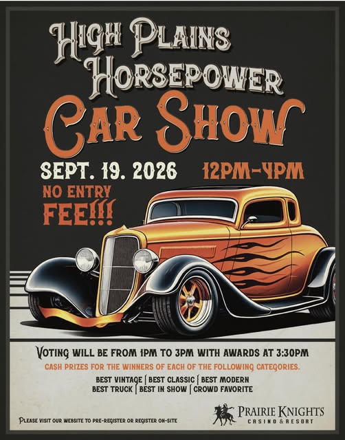 High Plains Horsepower Car Show event at Prairie Knights Casino & Resort in Fort Yates, ND on September 19, 2026