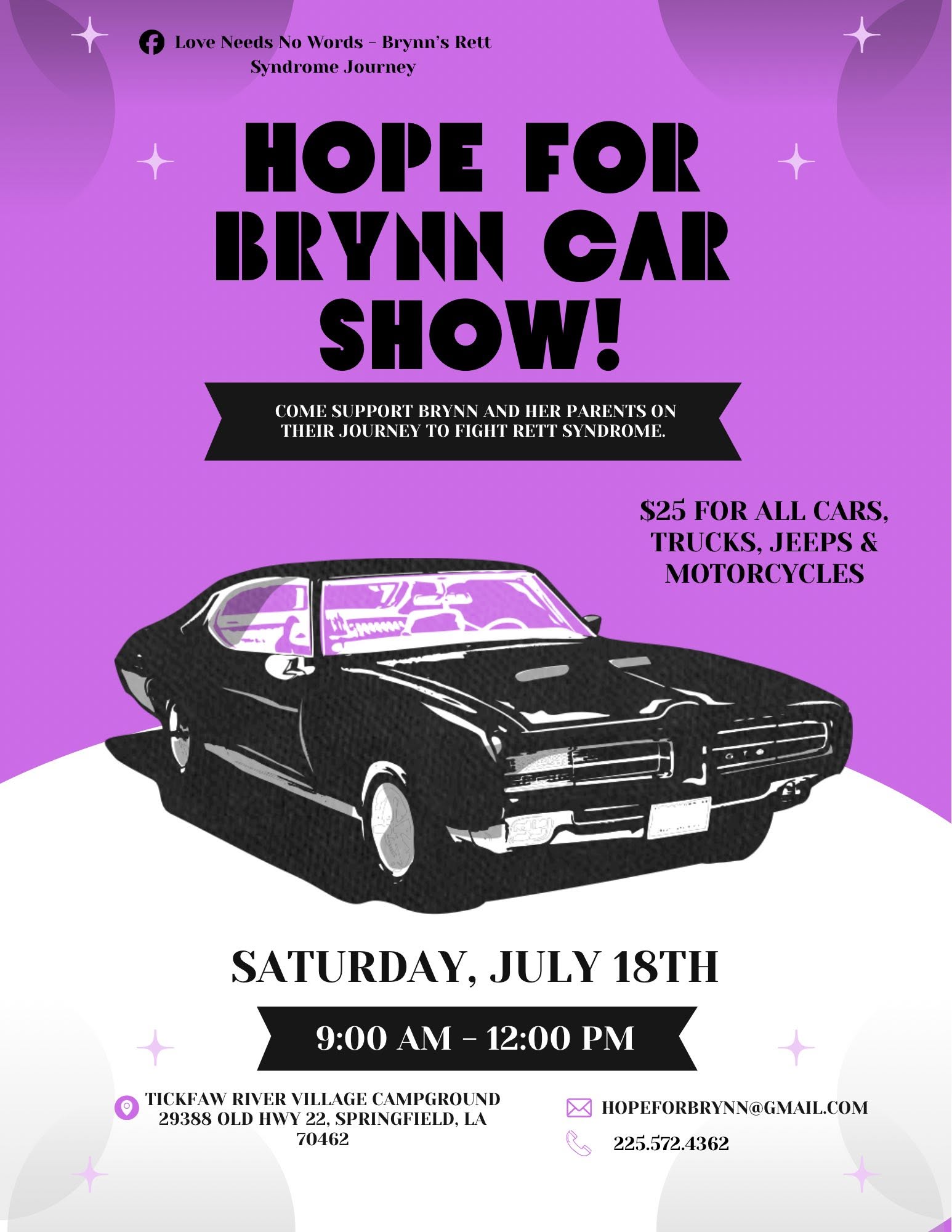 Hope for Brynn Car Show event at Tickfaw River Village Campground in Springfield, LA on July 18, 2026
