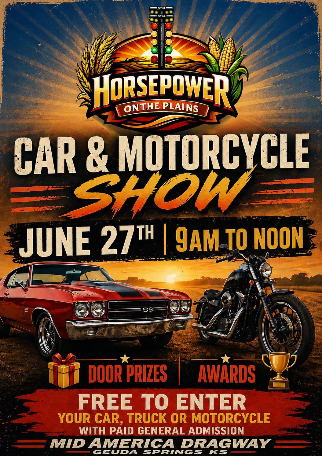 Horsepower on the Plains Car & Motorcycle Show event at Mid America Dragway in Geuda Springs, KS on June 27, 2026