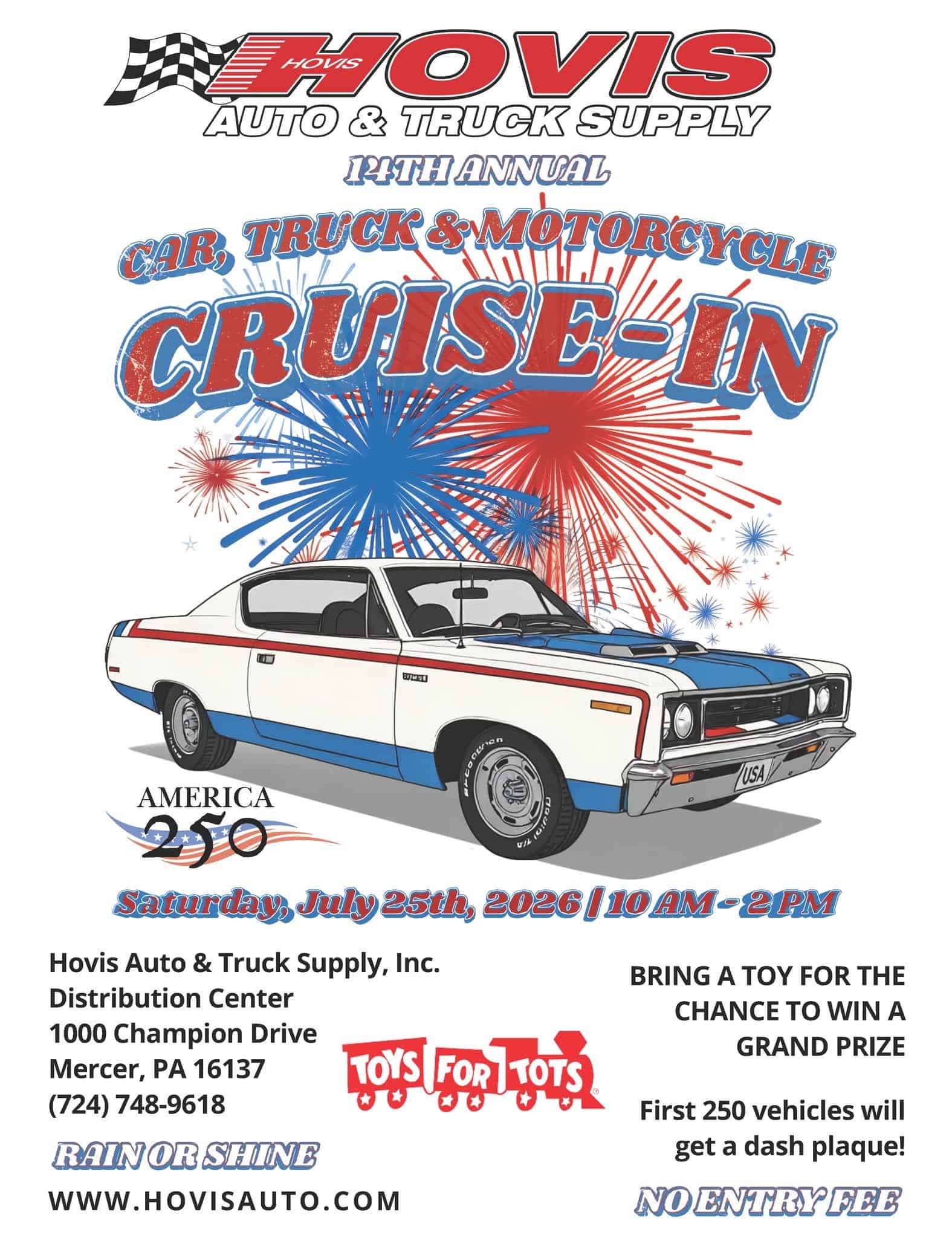 Hovis Auto & Truck Supply 14th Annual Car, Truck & Motorcycle Cruise-In event at Hovis Auto & Truck Supply, Inc. Distribution Center in Mercer, PA on July 25, 2026