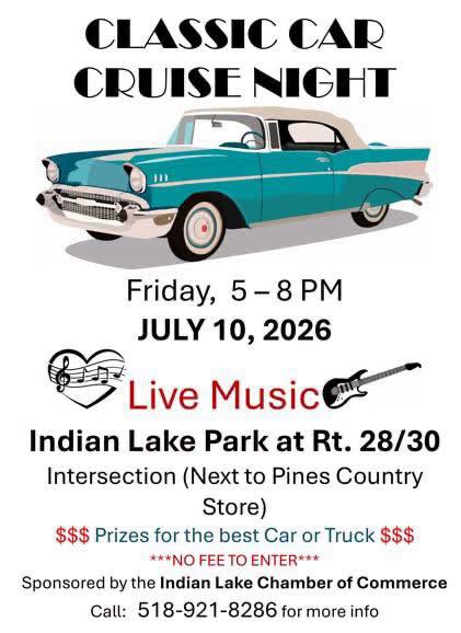 Indian Lake Chamber of Commerce Classic Car Cruise Night event at Indian Lake Park in Indian Lake, NY on July 10, 2026