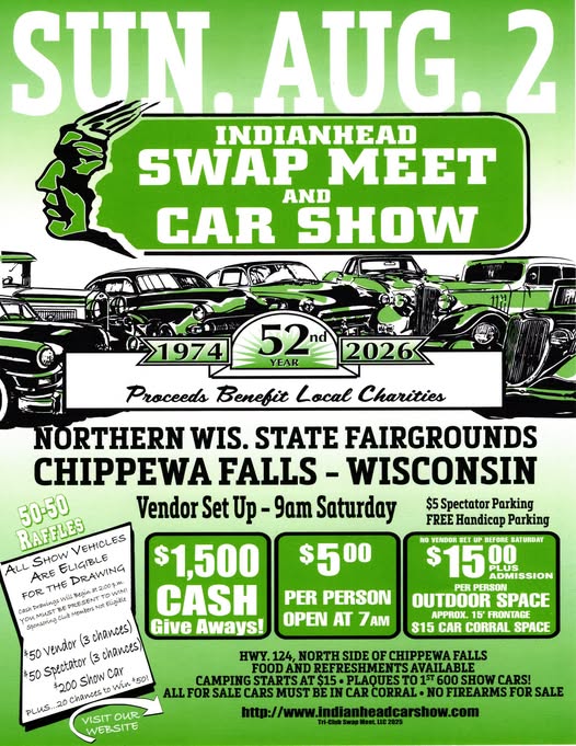 Indianhead Swap Meet and Car Show event at Northern Wisconsin State Fairgrounds in Chippewa Falls, WI on August 2, 2026