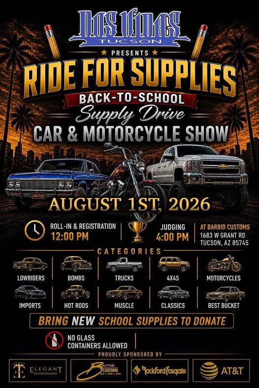 Instincs Tucson Ride for Supplies Back-to-School Supply Drive Car & Motorcycle Show event at Barrio Customs in Tucson, AZ on August 1, 2026