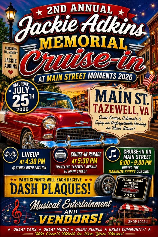 Jackie Adkins Memorial Cruise-In event at Main Street in Tazewell, VA on July 25, 2026