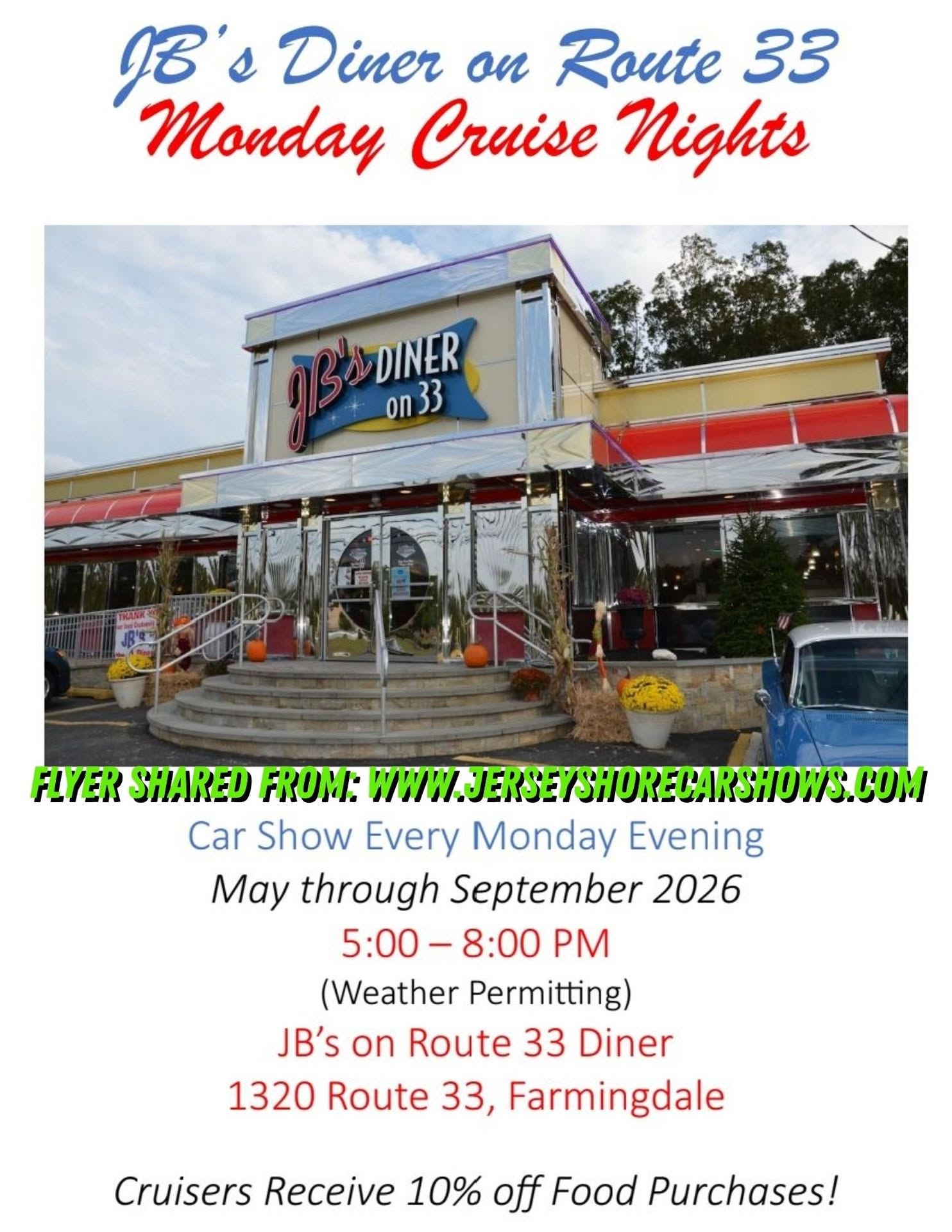 JB's Diner on Route 33 Monday Cruise Nights event at JB's on Route 33 Diner in Farmingdale, NJ on June 23, 2026
