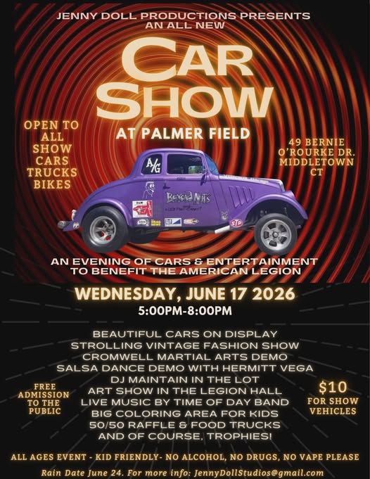 Jenny Doll Productions Car Show at Palmer Field event at Palmer Field in Middletown, CT on June 17, 2026