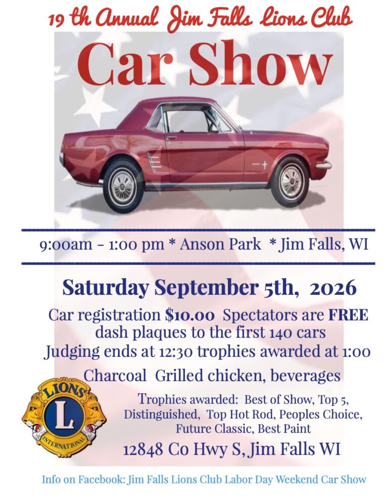 Jim Falls Lions Club 19th Annual Car Show event at Anson Park in Jim Falls, WI on September 5, 2026