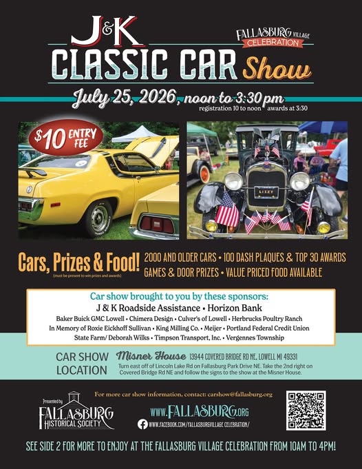 J&K Classic Car Show Fallsburg Village Celebration event at Miner House in Lowell, MI on July 25, 2026