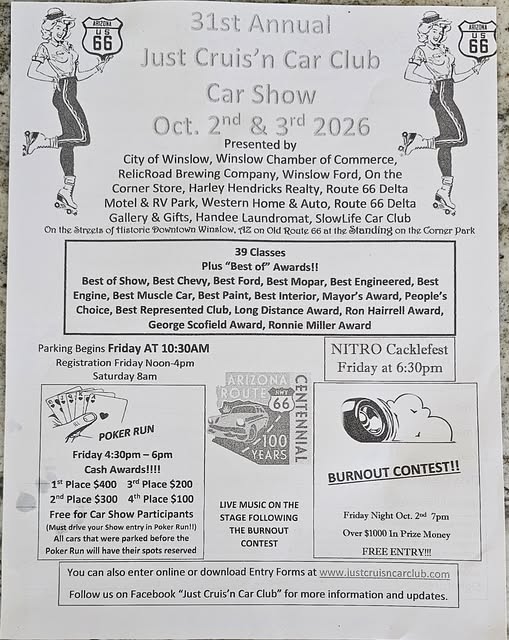 Just Cruis'n Car Club 31st Annual Car Show event at Standin' on the Corner Park in Winslow, AZ on October 2, 2026