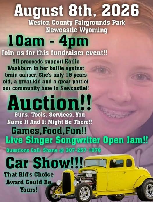 Karlie Washburn Benefit Car Show event at Weston County Fairgrounds Park in Newcastle, WY on August 8, 2026