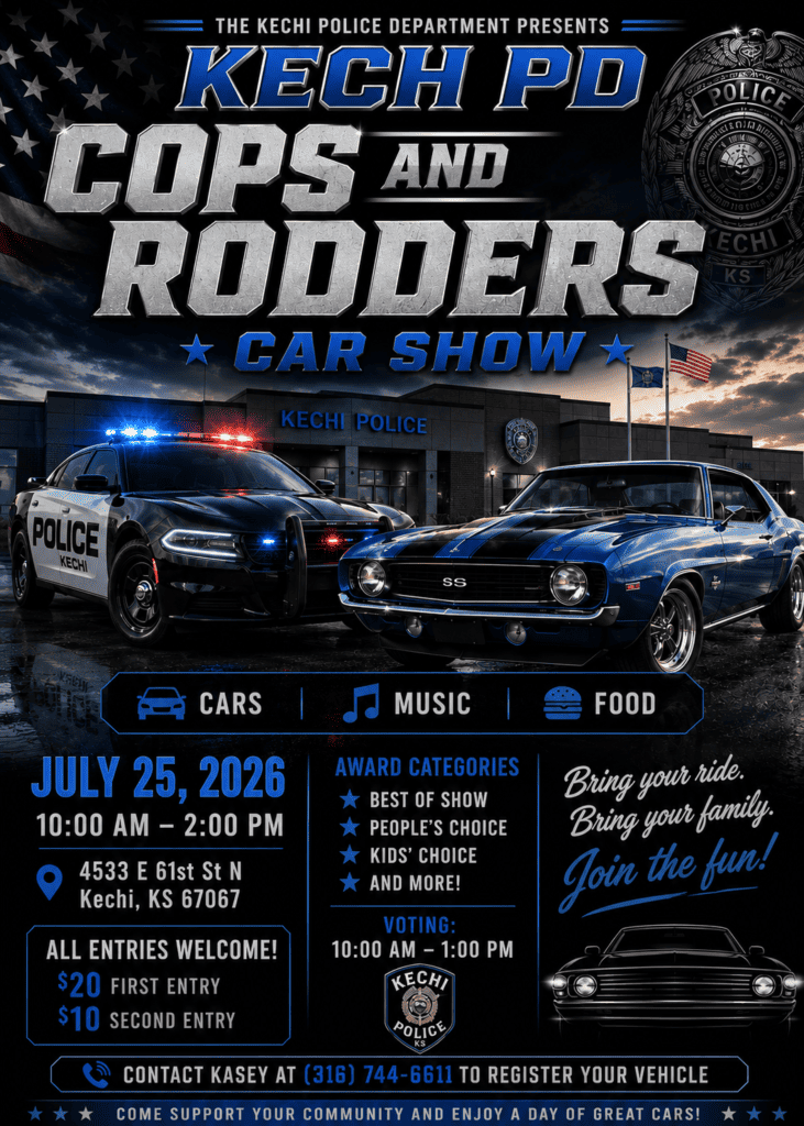 Kechi PD Cops and Rodders Car Show event at 4533 E 61st St N in Kechi, KS on July 25, 2026