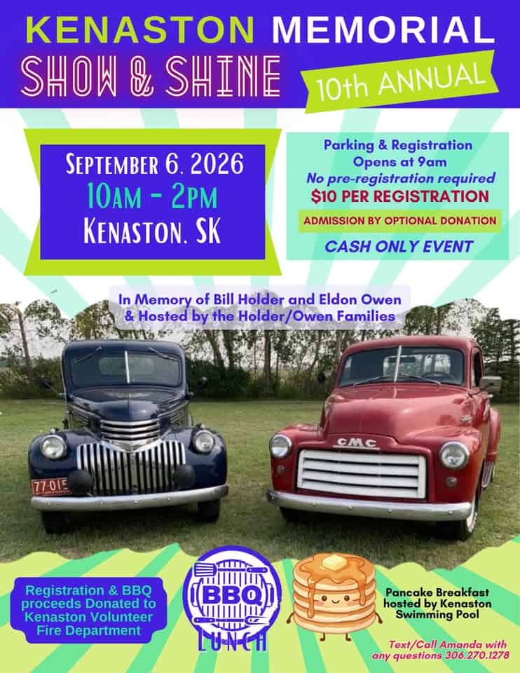 Kenaston Memorial Show & Shine event at Kenaston High School in Kenaston, SK on September 6, 2026