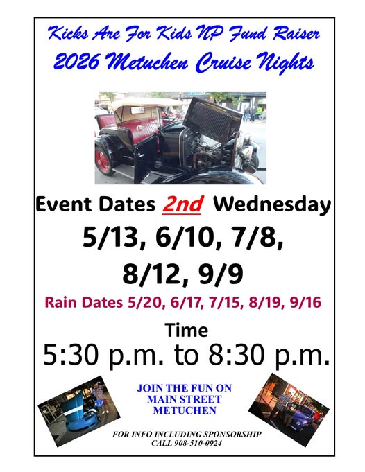 Kicks Are for Kids NP Fund Raiser Metuchen Cruise Nights event at Main Street in Metuchen, NJ on July 8, 2026
