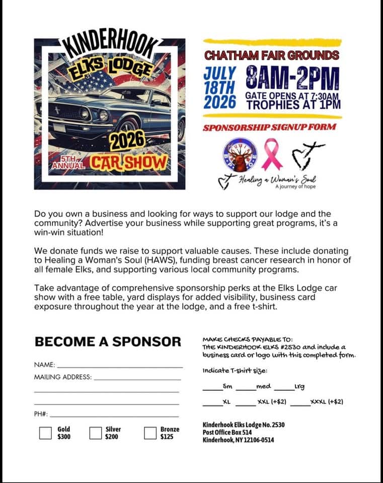 Kinderhook Elks Lodge 5th Annual Car Show event at Chatham Fair Grounds in Chatham, NY on July 18, 2026