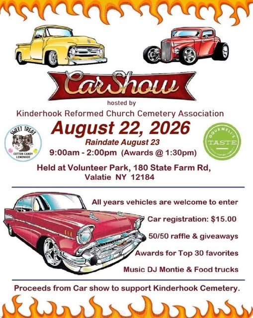 Kinderhook Reformed Church Cemetery Association Car Show event at Volunteer Park in Valatie, NY on August 22, 2026