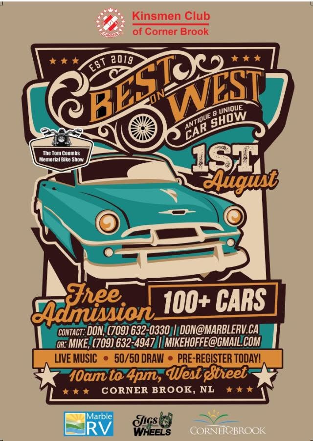 Kinsmen Club of Corner Brook Best on West Antique & Unique Car Show event at West Street in Corner Brook, NL on August 1, 2026
