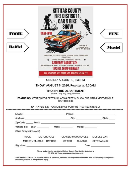 Kittitas County Fire District 1 Car & Bike Show event at Thorp Fire Department in Thorp, WA on August 8, 2026