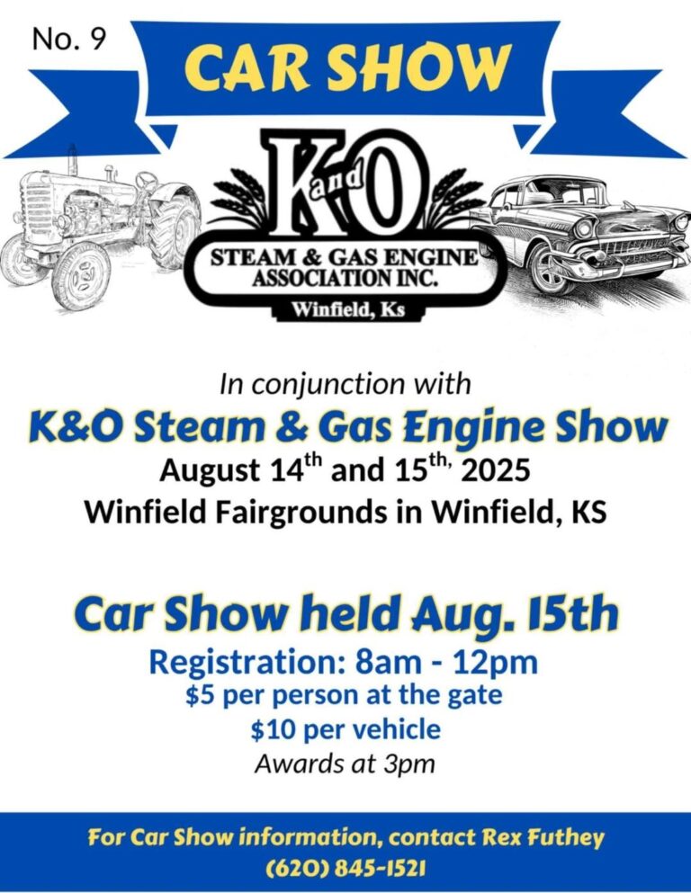K&O Steam & Gas Engine Association No. 9 Car Show event at Winfield Fairgrounds in Winfield, KS on August 15, 2026