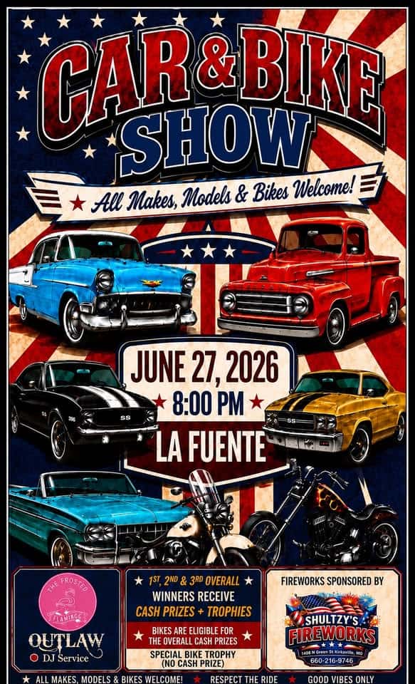 La Fuente Car & Bike Show event at La Fuente Restaurant in Kirksville, MO on June 27, 2026