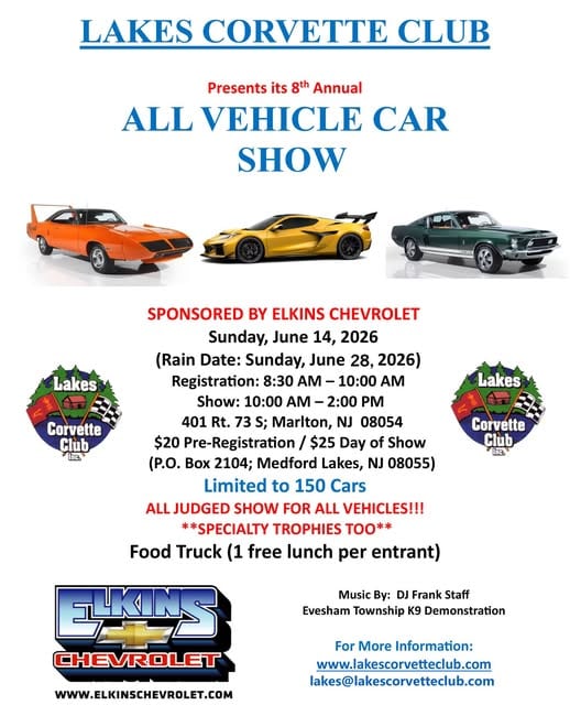Lakes Corvette Club All Vehicle Car Show event at Elkins Chevrolet in Marlton, NJ on June 14, 2026