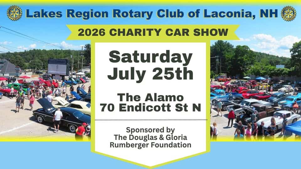 Lakes Region Rotary Charity Car Show event at The Alamo Texas Bar-B-Cue & Tequila Bar II in Laconia, NH on July 25, 2026
