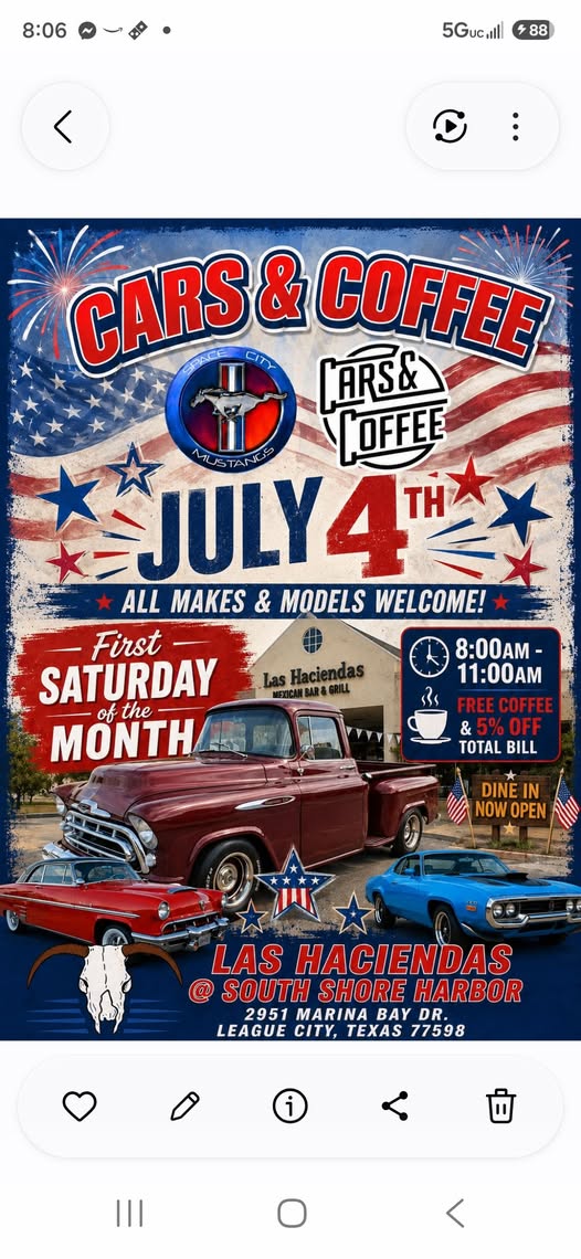 Las Haciendas Cars & Coffee event at Las Haciendas Bar & Grill in League City, TX on July 4, 2026