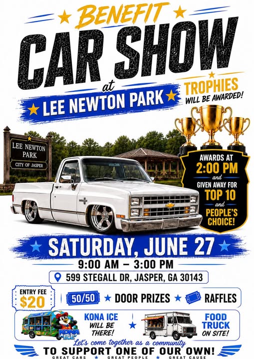 Lee Newton Park Benefit Car Show event at Lee Newton Park in Jasper, GA on June 27, 2026