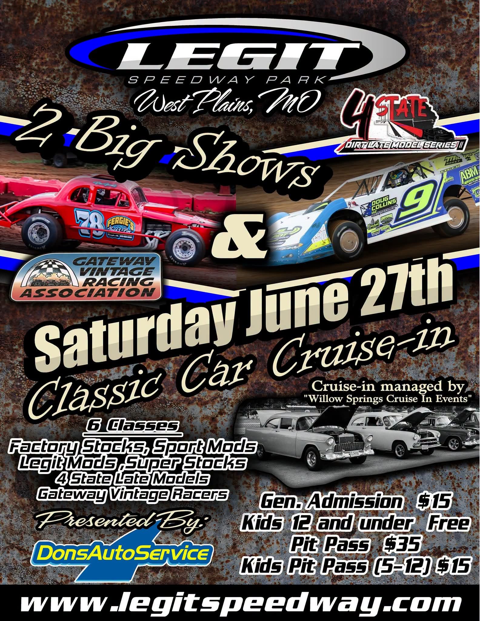 Legit Speedway Park Classic Car Cruise in event at Legit Speedway Park in West Plains, MO on June 27, 2026