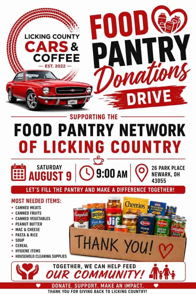 Licking County Cars & Coffee Food Pantry Donations Drive event at 26 Park Place in Newark, OH on August 9, 2026