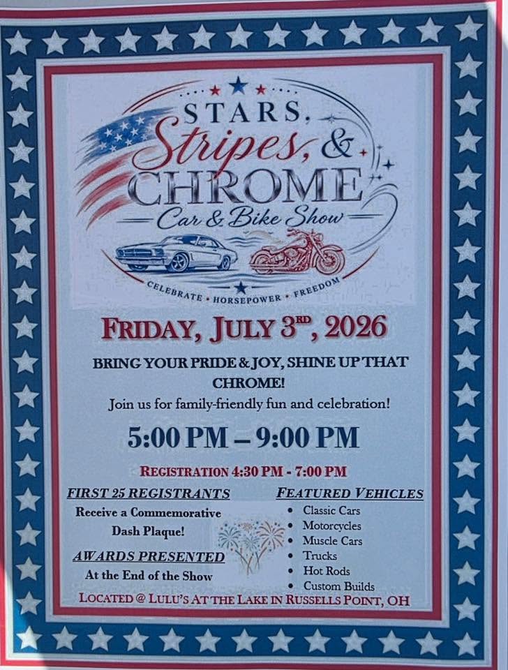 Lulu's at the Lake Stars, Stripes, & Chrome Car & Bike Show event at Lulu's at the Lake in Russells Point, OH on July 3, 2026