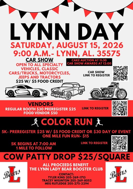 Lynn Day Car Show event at Downtown Lynn in Lynn, AL on August 15, 2026