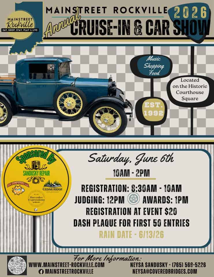 Main Street Rockville Annual Cruise-In & Car Show event at Historic Courthouse Square in Rockville, IN on June 6, 2026