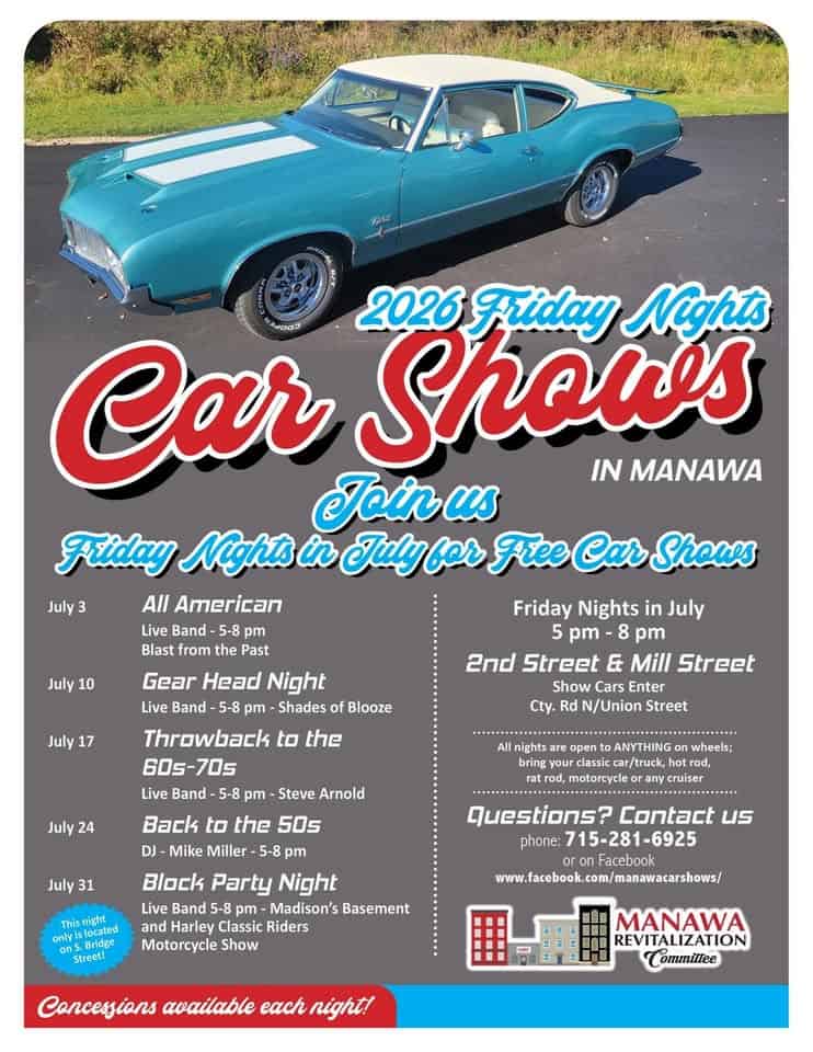 Manawa All American Night Car Show event at S. Bridge Street in Manawa, WI on July 3, 2026
