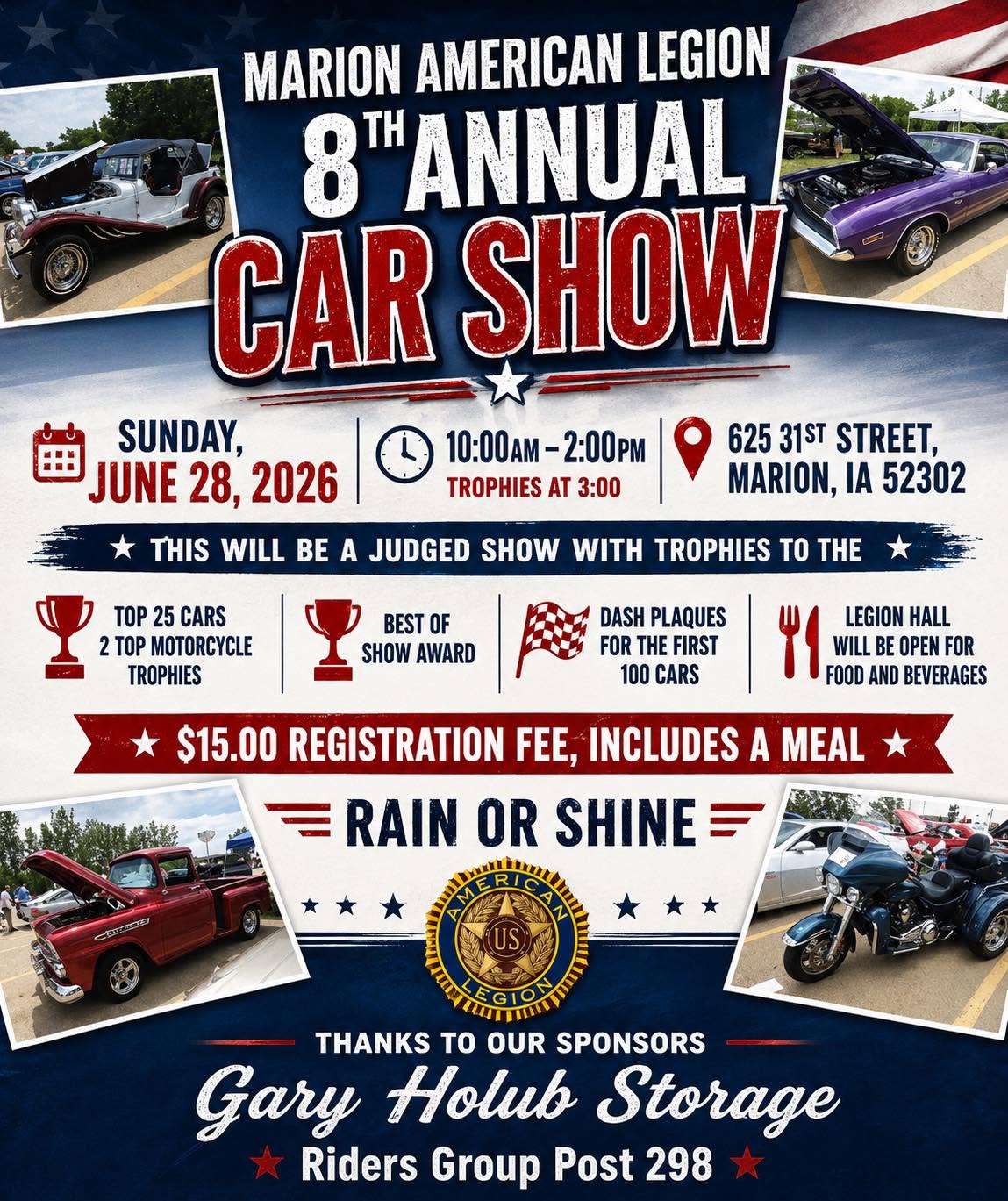 Marion American Legion 8th Annual Car Show event at 625 31st Street in Marion, IA on June 28, 2026