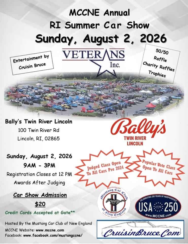 MCCNE Annual RI Summer Car Show event at Bally's Twin River Lincoln in Lincoln, RI on August 2, 2026