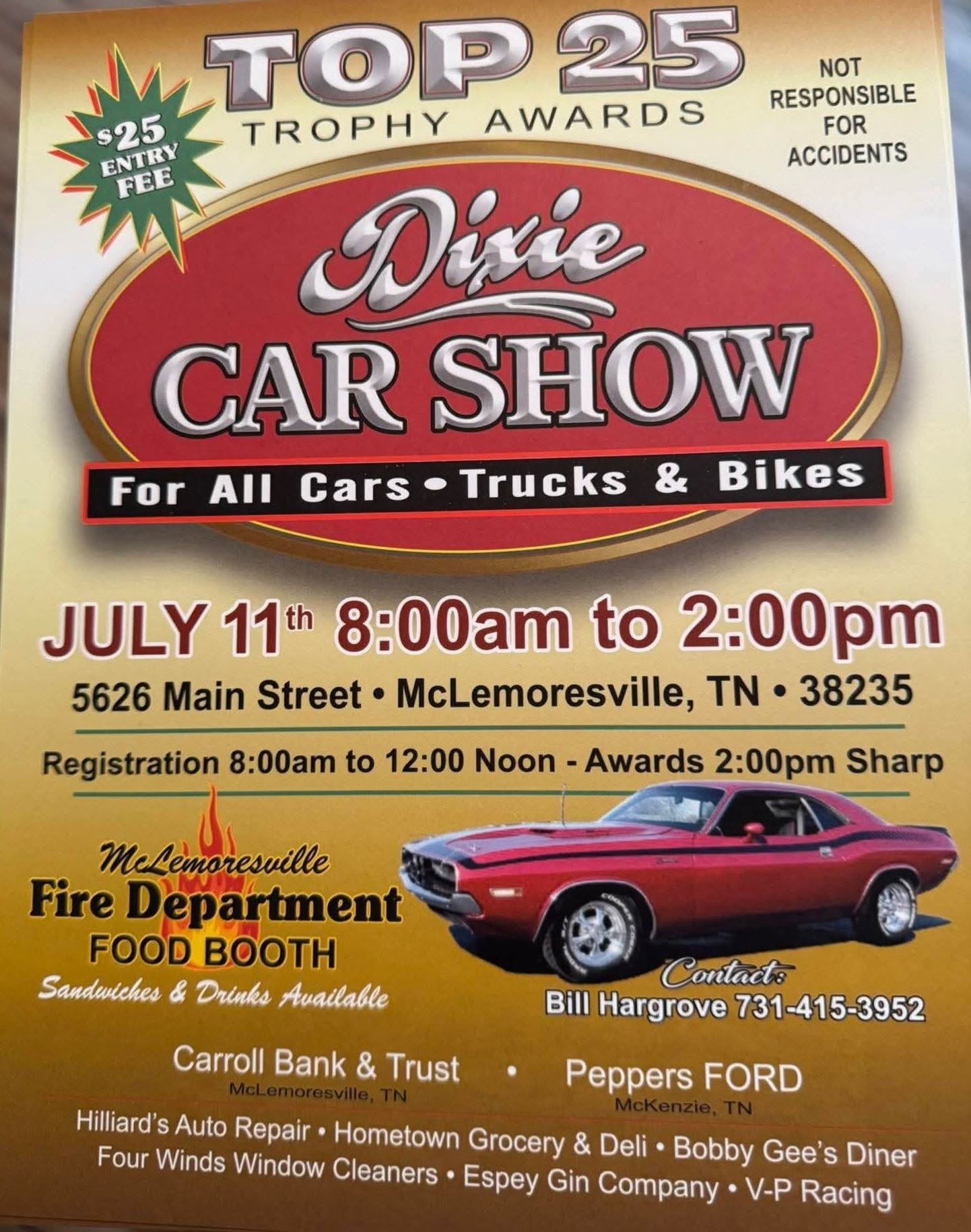 McLemoresville Fire Department Dixie Car Show event at 5626 Main Street in McLemoresville, TN on July 11, 2026